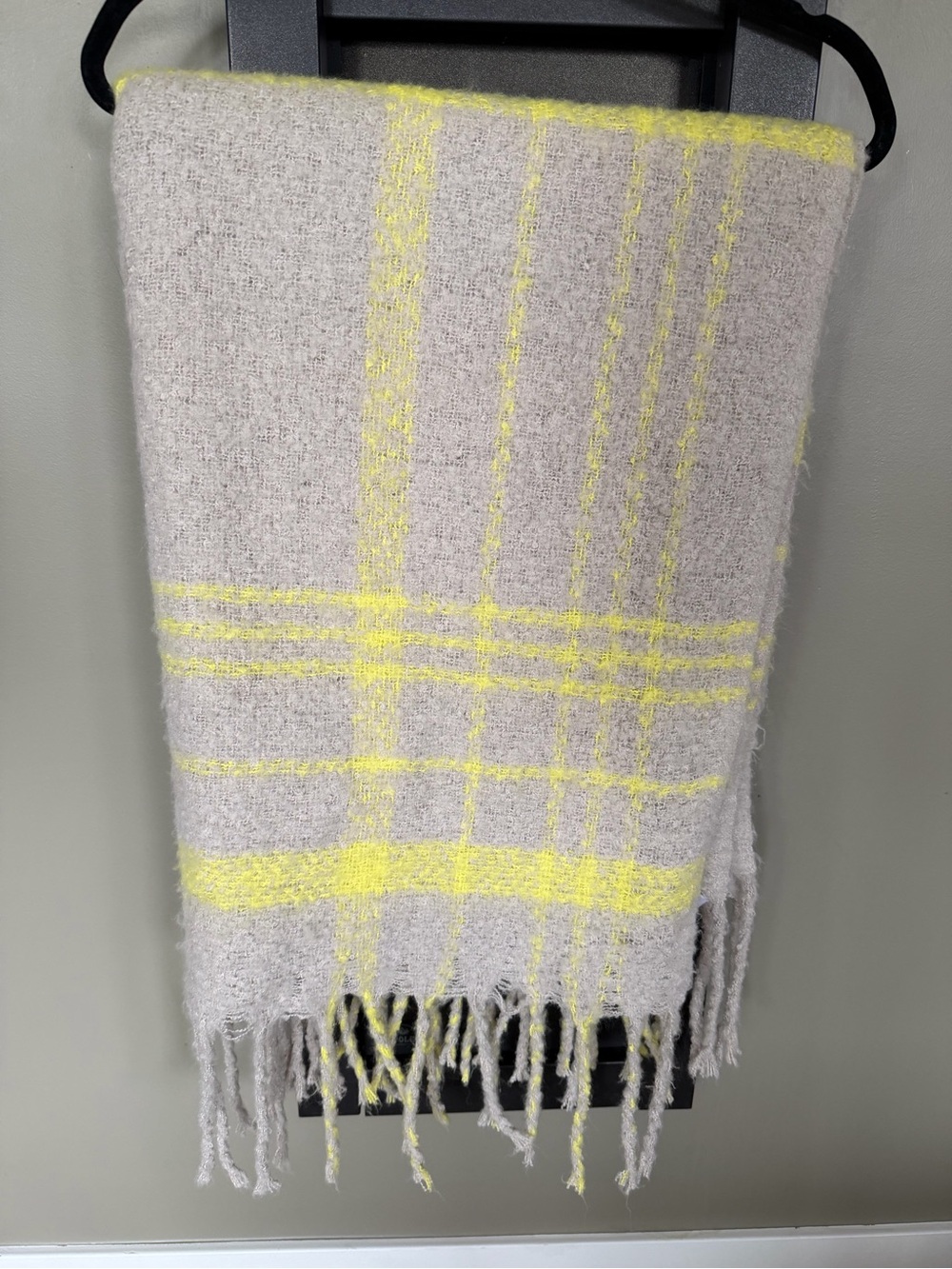 Free People Oversized Plaid Blanket Scarf Gray Neon Yellow Fringe Boho